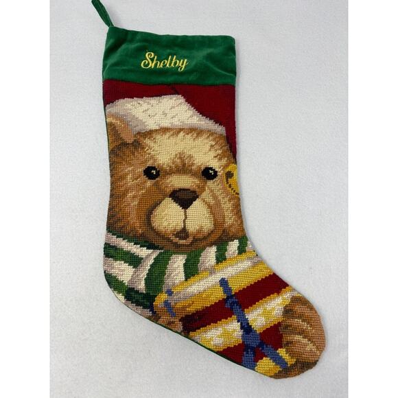 Lillian Vernon Other - Vtg Needlepoint Christmas Stocking Teddy Bear Wool Velvet Lillian Vernon "SHELBY